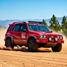 A striking red 2000 Chevy Grand Vitara designed as a rally car with a WRC (World Rally Championship) inspired theme