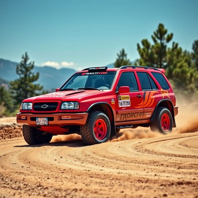 A striking red 2000 Chevy Grand Vitara designed as a rally car with a WRC (World Rally Championship) inspired theme