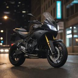 The same high-speed sports bike, now at night, bathed in the glow of city lights, perched perfectly on top of the same gleaming, modern SUV