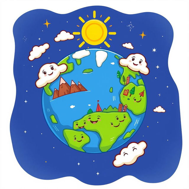 A colorful and cheerful cartoon-style illustration of planet Earth