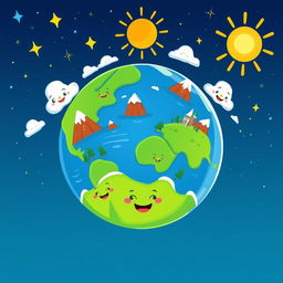 A colorful and cheerful cartoon-style illustration of planet Earth