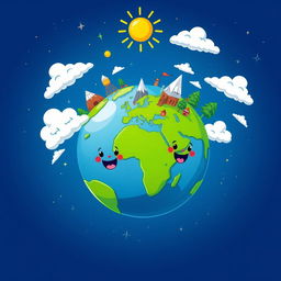 A colorful and cheerful cartoon-style illustration of planet Earth