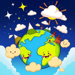 A colorful and cheerful cartoon-style illustration of planet Earth