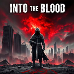 A dark apocalyptic book cover for the title 'Into the Blood', featuring a haunting cityscape engulfed in shadows and chaos