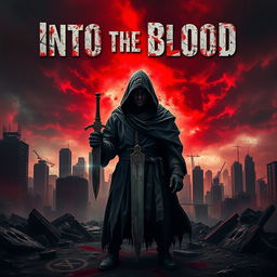 A dark apocalyptic book cover for the title 'Into the Blood', featuring a haunting cityscape engulfed in shadows and chaos