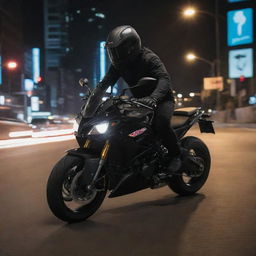 A daring rider is on the sports bike, expertly spinning it on top of a moving, gleaming SUV at night, under the glow of city lights