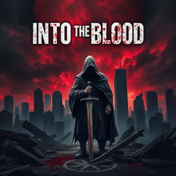 A dark apocalyptic book cover for the title 'Into the Blood', featuring a haunting cityscape engulfed in shadows and chaos