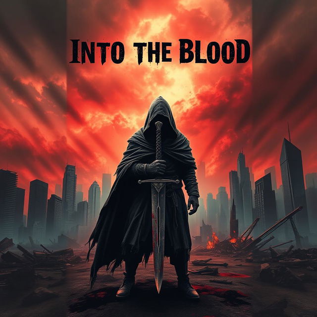 A dark apocalyptic book cover for the title 'Into the Blood', featuring a haunting cityscape engulfed in shadows and chaos