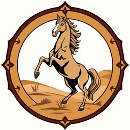 A medieval emblem featuring a striking desert horse standing on its hind legs, showcasing its strength and elegance