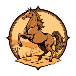 A medieval emblem featuring a striking desert horse standing on its hind legs, showcasing its strength and elegance