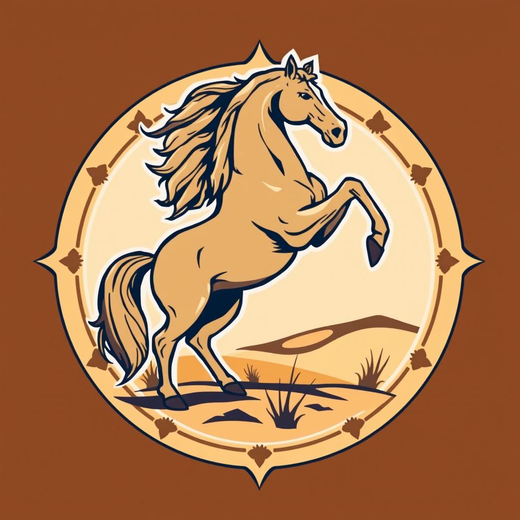 A medieval emblem featuring a striking desert horse standing on its hind legs, showcasing its strength and elegance