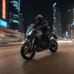 A daring rider is on the sports bike, expertly spinning it on top of a moving, gleaming SUV at night, under the glow of city lights