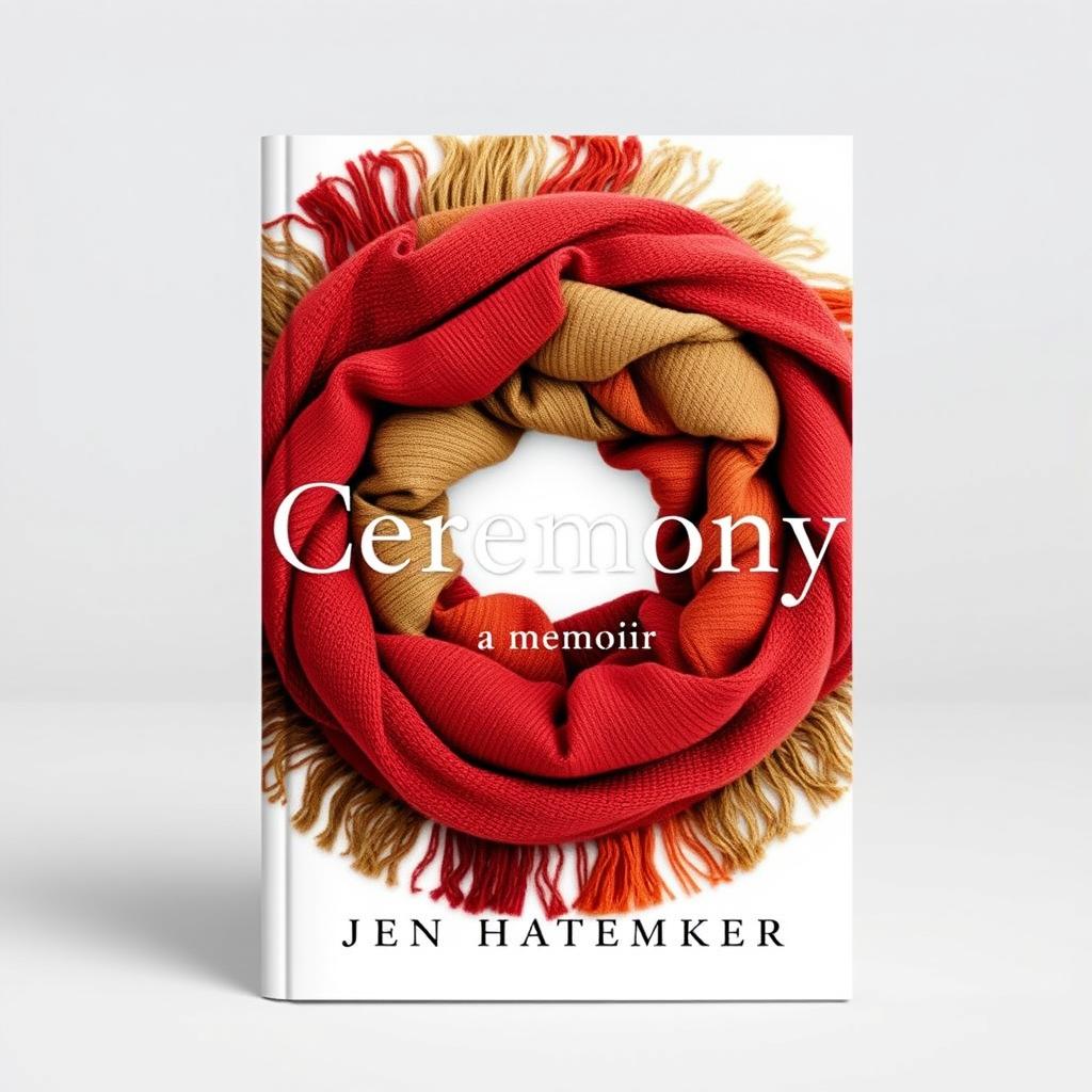 A striking book cover design for "Ceremony: A Memoir" by Jen Hatmaker, featuring a circular arrangement of a beautifully woven scarf with intricate fringes