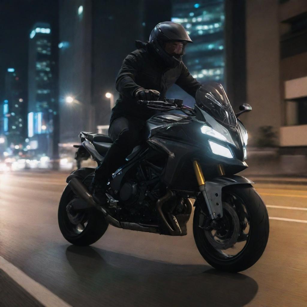 A daring rider is on the sports bike, expertly spinning it on top of a moving, gleaming SUV at night, under the glow of city lights