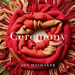 A striking book cover design for "Ceremony: A Memoir" by Jen Hatmaker, featuring a circular arrangement of a beautifully woven scarf with intricate fringes