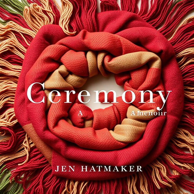 A striking book cover design for "Ceremony: A Memoir" by Jen Hatmaker, featuring a circular arrangement of a beautifully woven scarf with intricate fringes