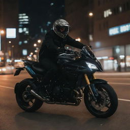 A daring rider is on the sports bike, expertly spinning it on top of a moving, gleaming SUV at night, under the glow of city lights