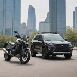 A sporty motorcycle poised atop a sleek SUV, both vehicles in pristine condition, standing out against an urban backdrop.