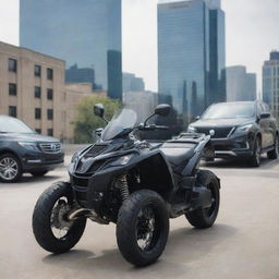 A sporty motorcycle poised atop a sleek SUV, both vehicles in pristine condition, standing out against an urban backdrop.