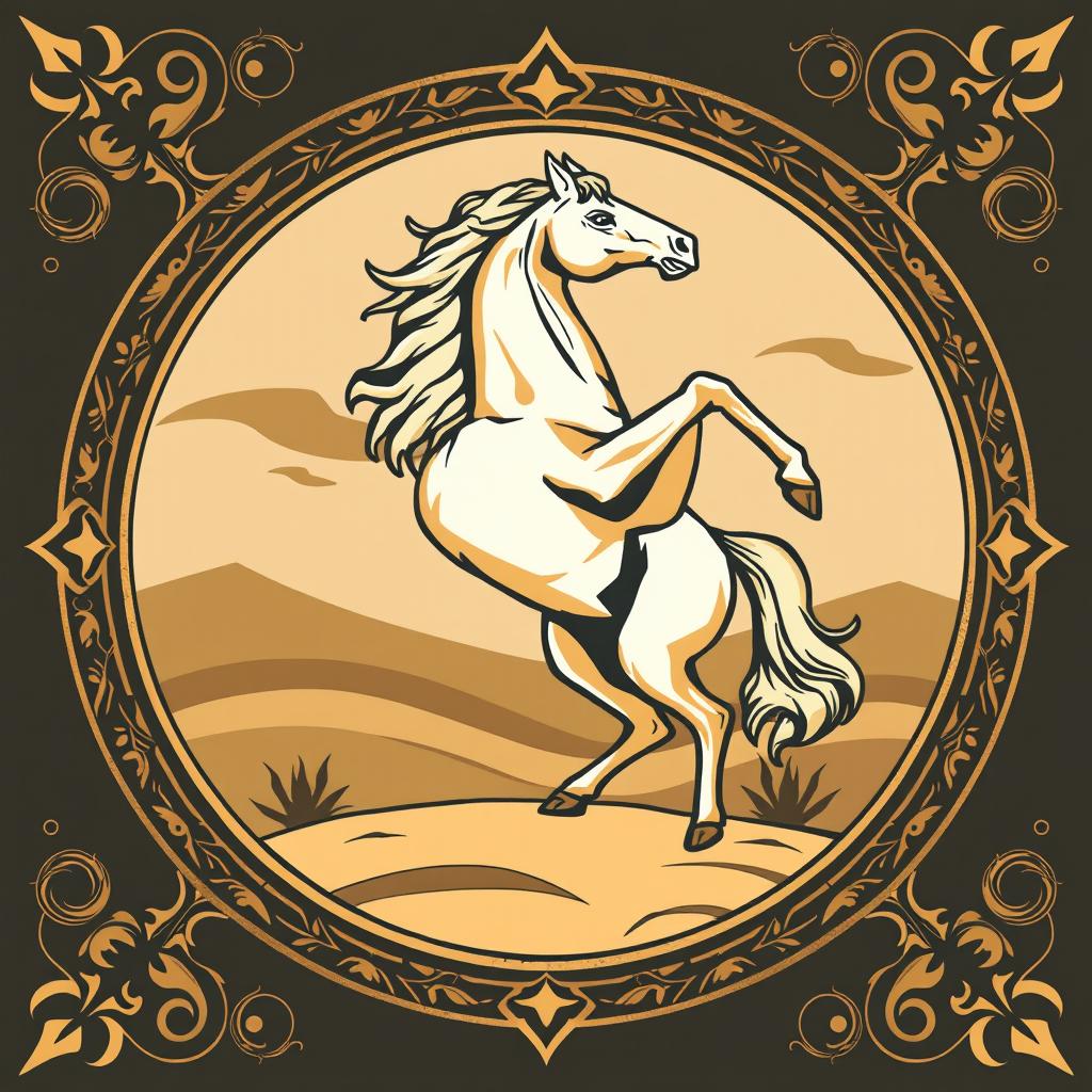 A medieval emblem featuring a majestic desert horse standing upright on its hind legs, symbolizing strength and agility