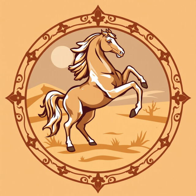 A medieval emblem featuring a majestic desert horse standing upright on its hind legs, symbolizing strength and agility