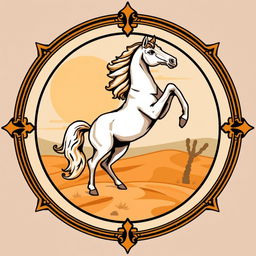 A medieval emblem featuring a majestic desert horse standing upright on its hind legs, symbolizing strength and agility