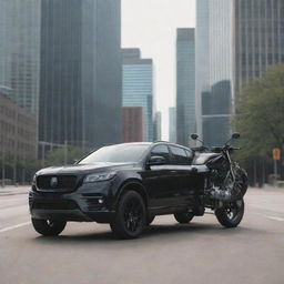 A sporty motorcycle poised atop a sleek SUV, both vehicles in pristine condition, standing out against an urban backdrop.