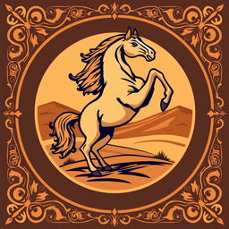 A medieval emblem featuring a majestic desert horse standing upright on its hind legs, symbolizing strength and agility
