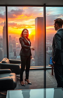A scene depicting a powerful and dynamic business agreement between a charismatic female CEO and her male counterpart in a modern corporate office