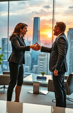 A scene depicting a powerful and dynamic business agreement between a charismatic female CEO and her male counterpart in a modern corporate office