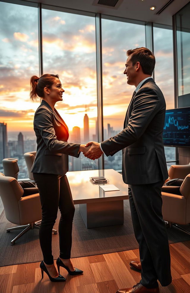 A scene depicting a powerful and dynamic business agreement between a charismatic female CEO and her male counterpart in a modern corporate office