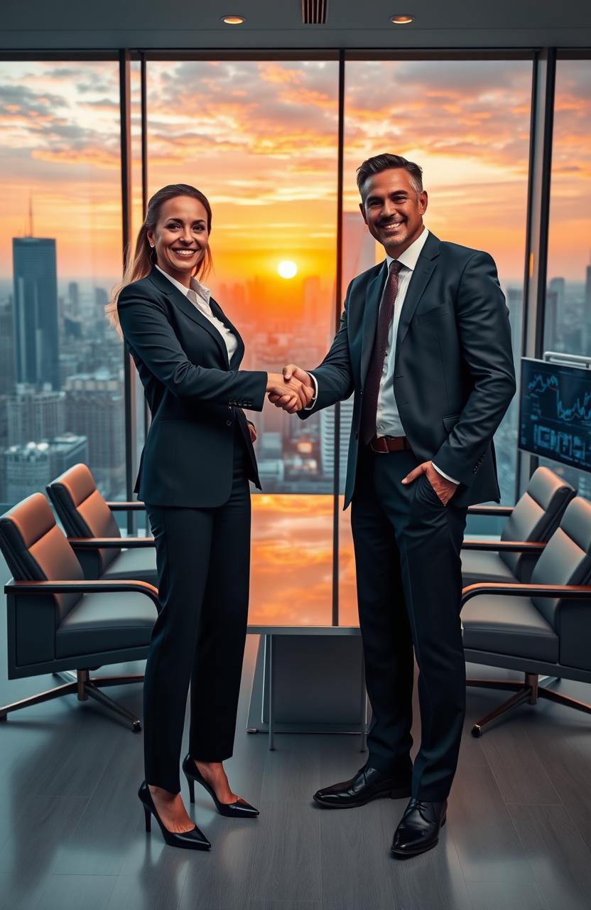 A scene depicting a powerful and dynamic business agreement between a charismatic female CEO and her male counterpart in a modern corporate office