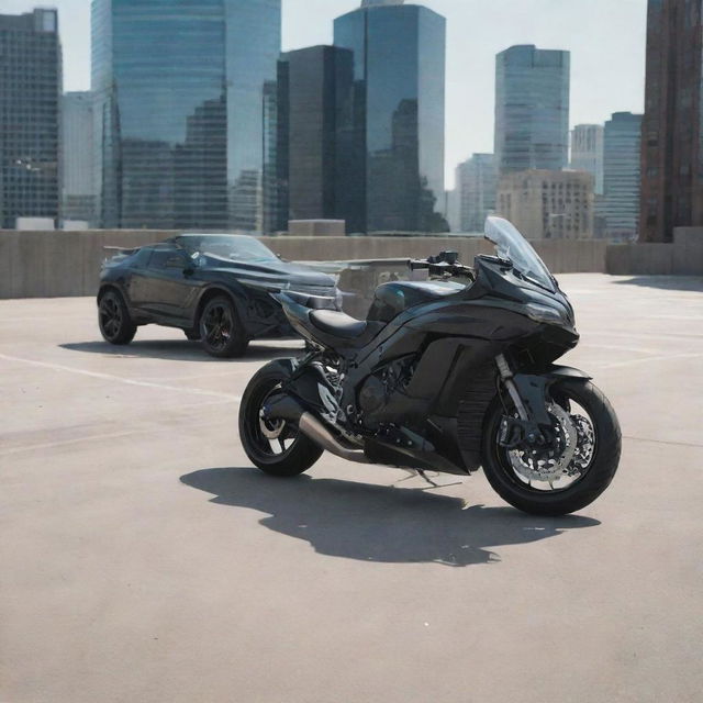 A sporty motorcycle poised atop a sleek SUV, both vehicles in pristine condition, standing out against an urban backdrop.