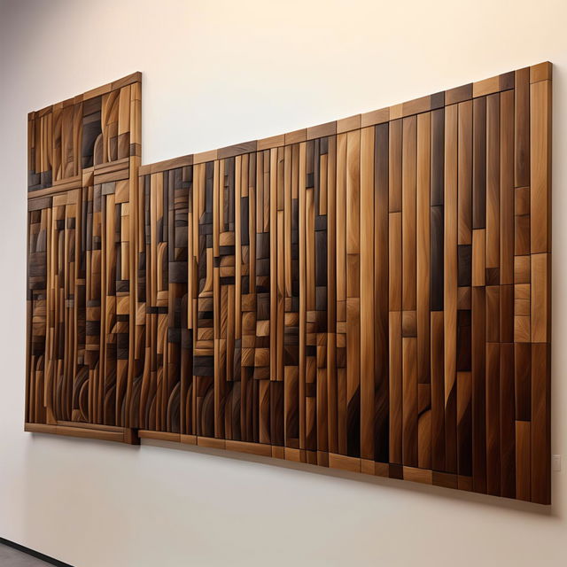 A 200m long framed wooden wall art piece, rendered in 32k resolution, featuring minimalist designs on oak.