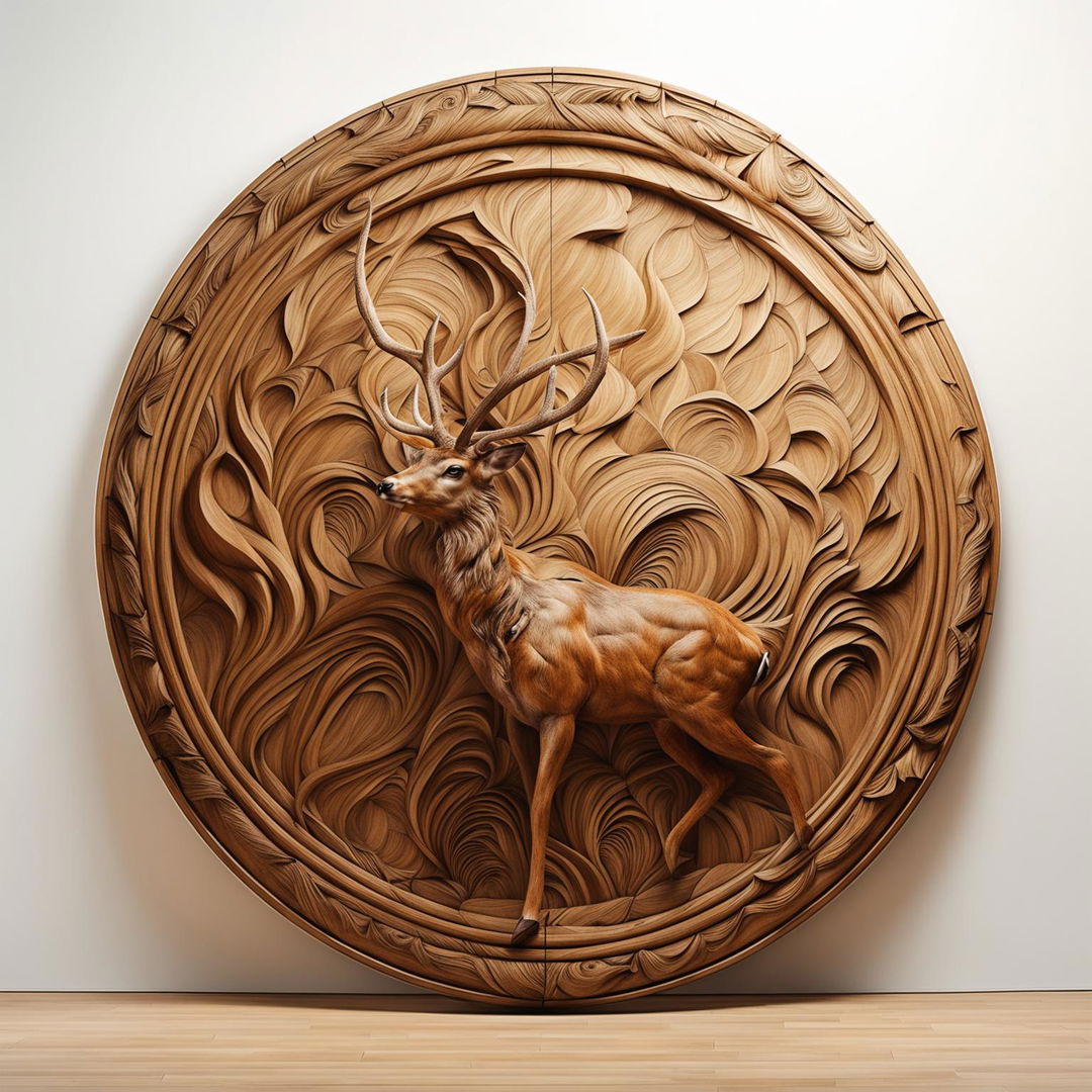 A 200m long framed circular wooden wall art piece, rendered in 32k resolution, featuring a deer.