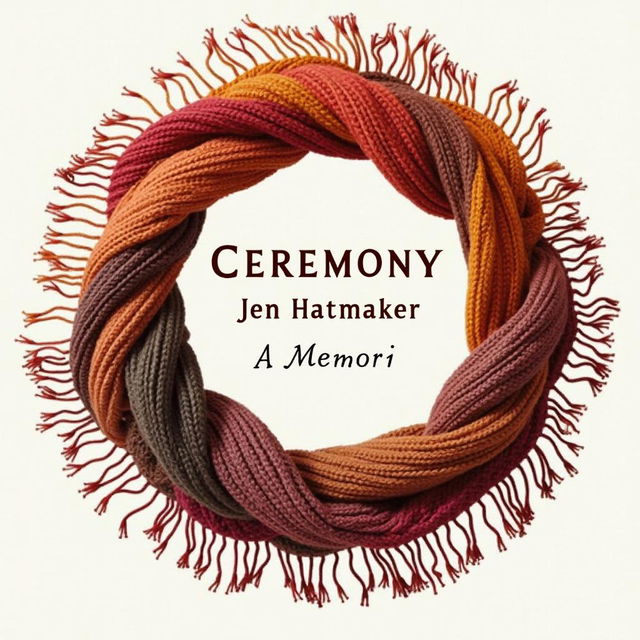 A visually appealing book cover design for "Ceremony: A Memoir" by Jen Hatmaker, prominently featuring a circular arrangement of a richly woven scarf with delicate fringes