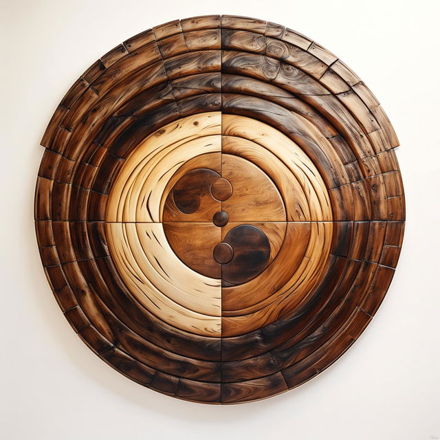 A 200m long framed circular wooden wall art piece, rendered in 32k resolution, featuring a Yin and Yang symbol.