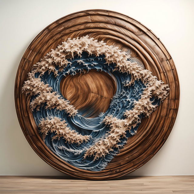 A 200m long framed circular wooden wall art piece, rendered in 32k resolution, featuring waves.