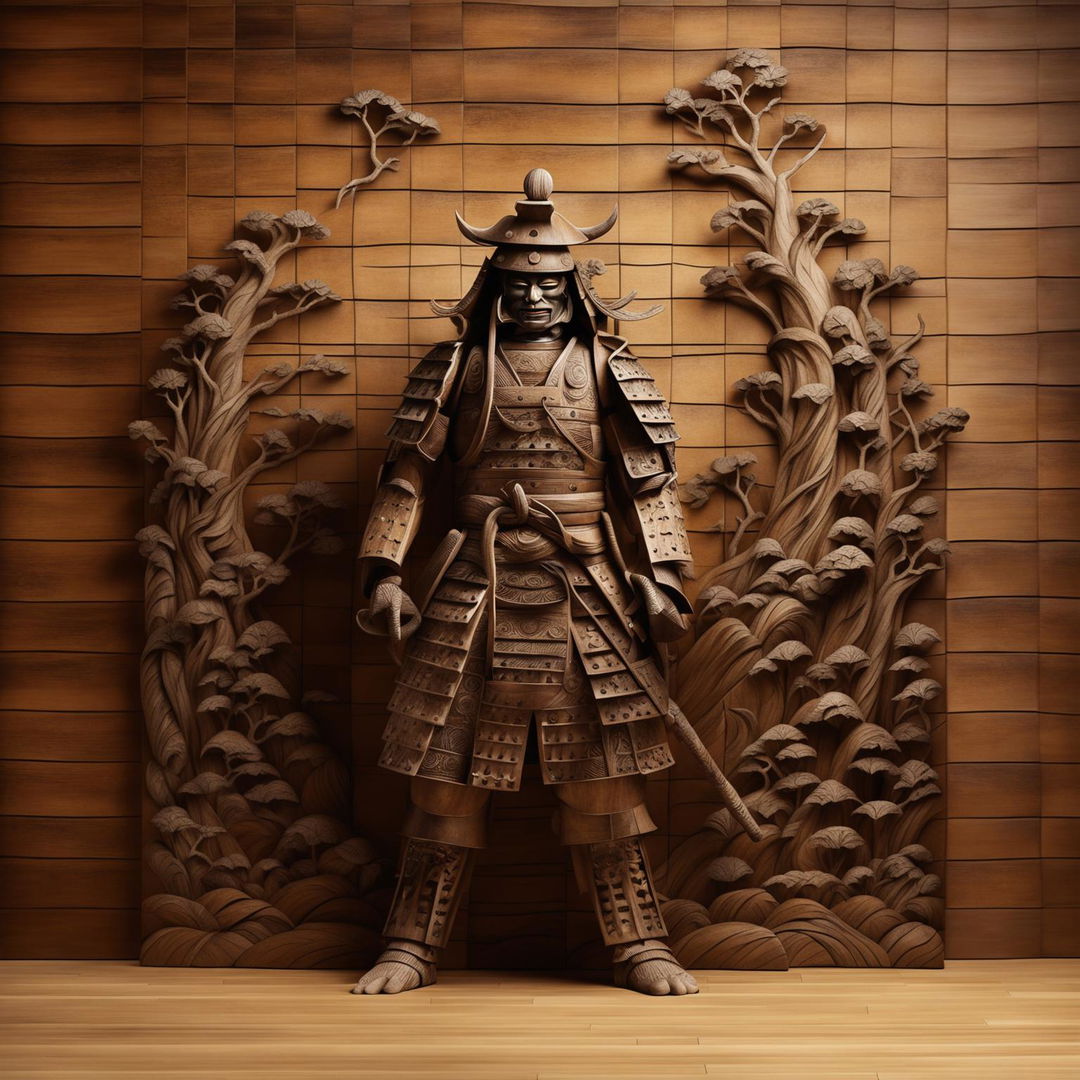 A 200m long framed wooden wall art piece, rendered in 32k resolution, featuring a samurai.