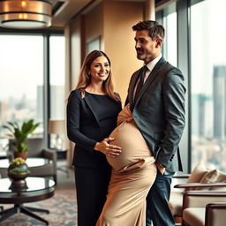 An intimate and serene scene depicting a pregnant woman standing confidently beside her male CEO partner in a stylish and modern office