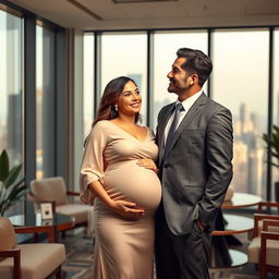 An intimate and serene scene depicting a pregnant woman standing confidently beside her male CEO partner in a stylish and modern office