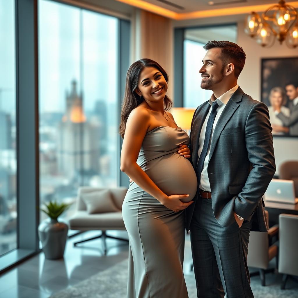 An intimate and serene scene depicting a pregnant woman standing confidently beside her male CEO partner in a stylish and modern office