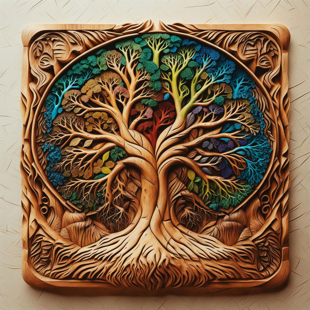 32k resolution wood wall art featuring an intricately carved Tree of Life in Wes Anderson-inspired colors on a 200mm canvas.