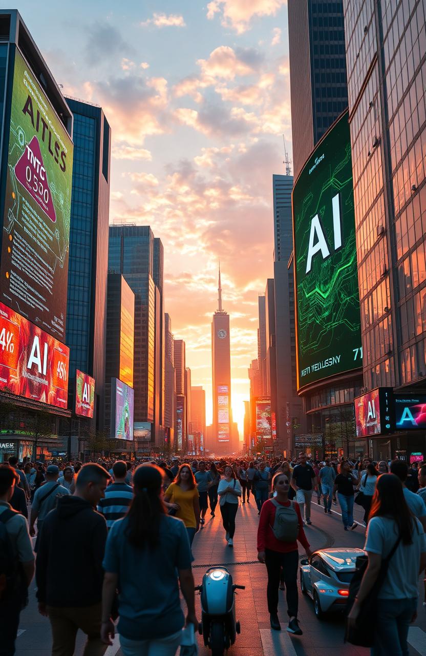 A futuristic scene depicting artificial intelligence in an urban environment