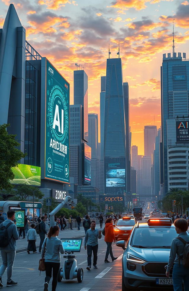 A futuristic scene depicting artificial intelligence in an urban environment