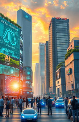 A futuristic scene depicting artificial intelligence in an urban environment