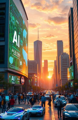 A futuristic scene depicting artificial intelligence in an urban environment