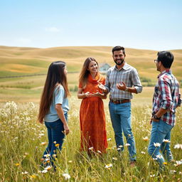 A vibrant scene in a prairie where a teenage girl with long hair, her mother with short black hair, and her young father are engaged in conversation with a cheerful real estate agent
