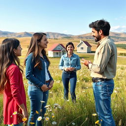 A vibrant scene in a prairie where a teenage girl with long hair, her mother with short black hair, and her young father are engaged in conversation with a cheerful real estate agent