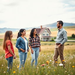 A vibrant scene in a prairie where a teenage girl with long hair, her mother with short black hair, and her young father are engaged in conversation with a cheerful real estate agent